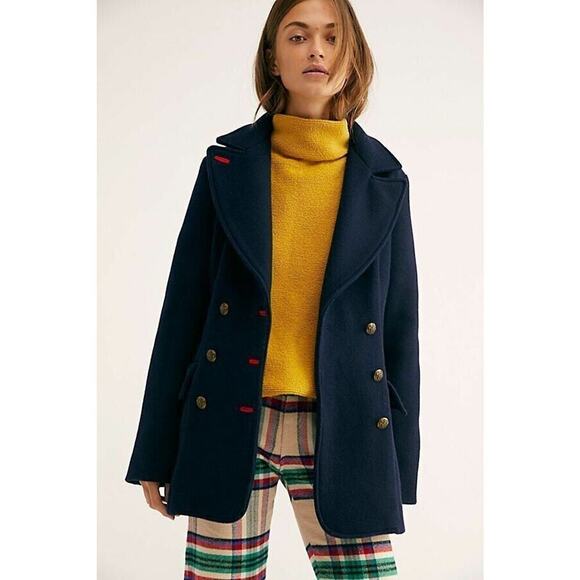 FREE PEOPLE Chicago Classic Navy Peacoat Wool Blend Fitted EUC Sz S - Picture 1 of 4